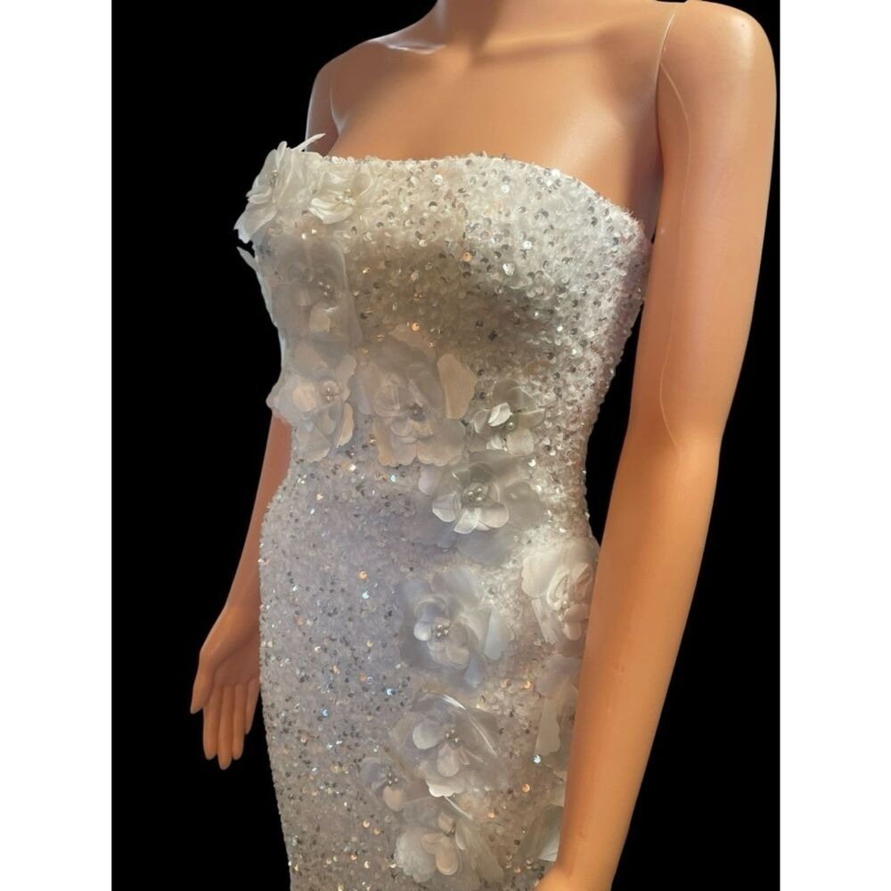 NWT-Helsi Liliana Strapless Floral Appliqué Stretch Sequin Midi Dress XS Ivory - Picture 9 of 13